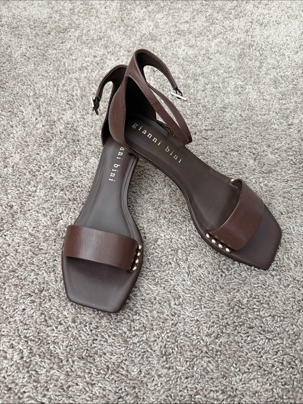 Gianni Bini Dark Brown Leather Square-Toe Ankle Strap Sandals with Gold Studs